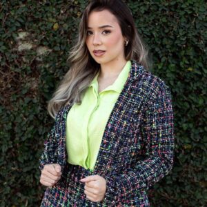 CONJUNTO LILY BELLE, CONJUNTO SAIA E BLAZER, CONJUNTO NOVELLI, CONJUNTO EM TWEED, CONJUNTO PRETO COM CORES POR CIMA, NOVELLI ROUPAS